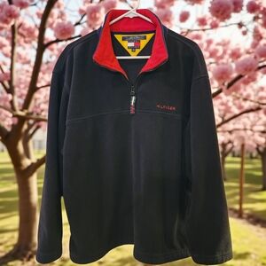 Vintage 90s Tommy Hilfiger Fleece Pullover Spellout 1/4 Zip Up Black Sz Medium